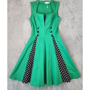 Killreal Dress Women Large Green Polka Dot Panel Button Front Sleeveless Retro